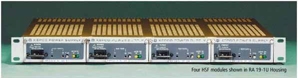 Four HSF-1UR modules shown in Kepco's Series RA 19-1U Rack Adapter.